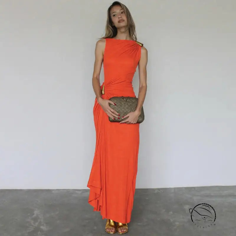 Elegant langry fashion orange sleeveless maxi dress with gold sandals