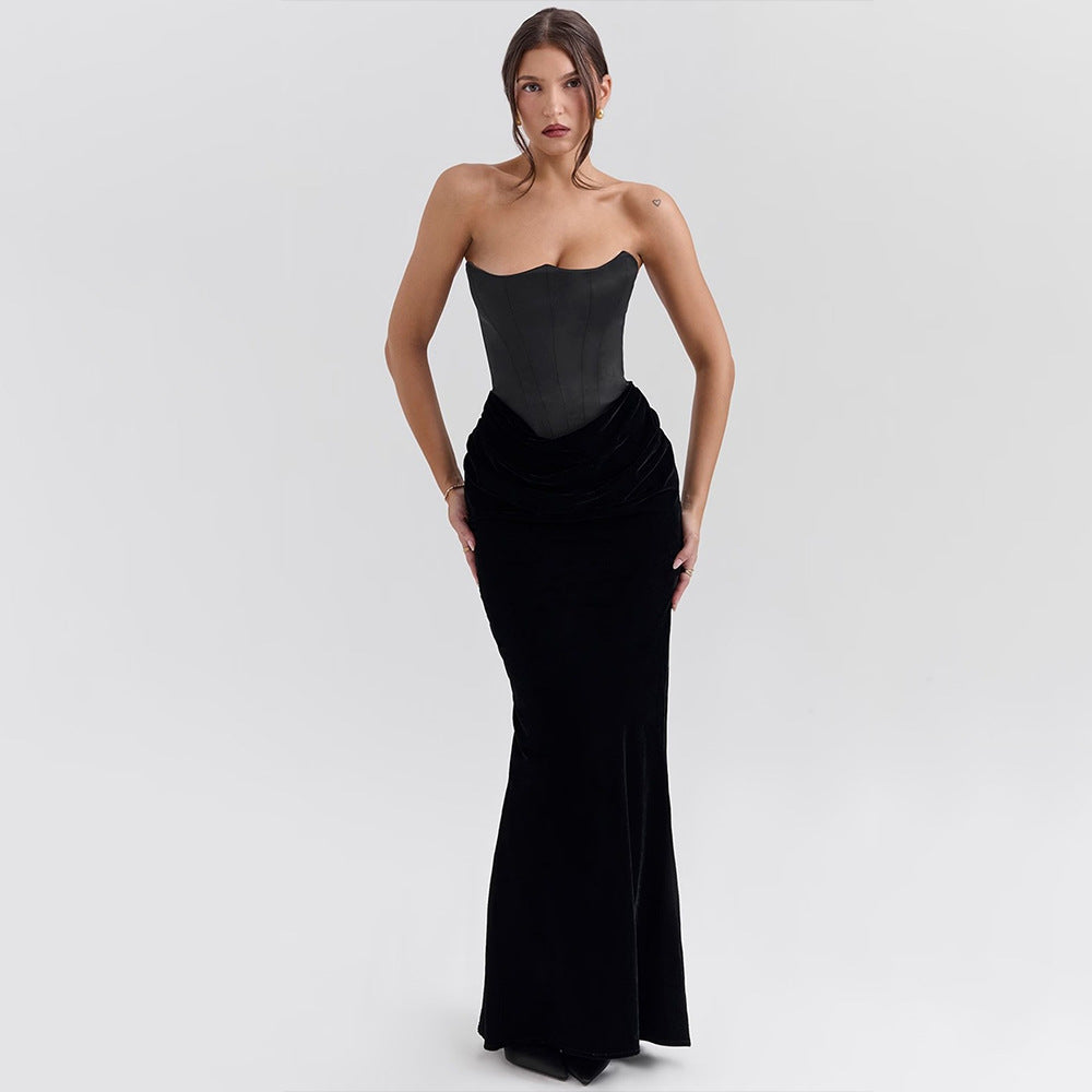 Elegant Tube Top Maxi Dress in a sleeveless black corset style, showcasing modern fashion elegance