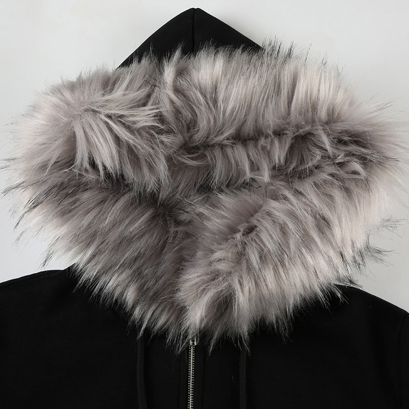 Black hooded coat with fluffy gray faux fur trim from Street Retro Furry Splicing Coat collection, stylish ملابس for modern fashion enthusiasts