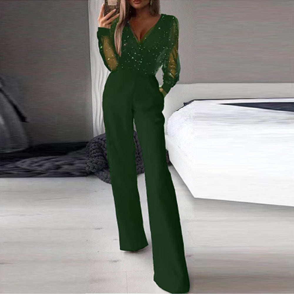 Green long-sleeved jumpsuit from Winter Low Cut Slim Fit Elegant Jumpsuit for fashionable langryملابس