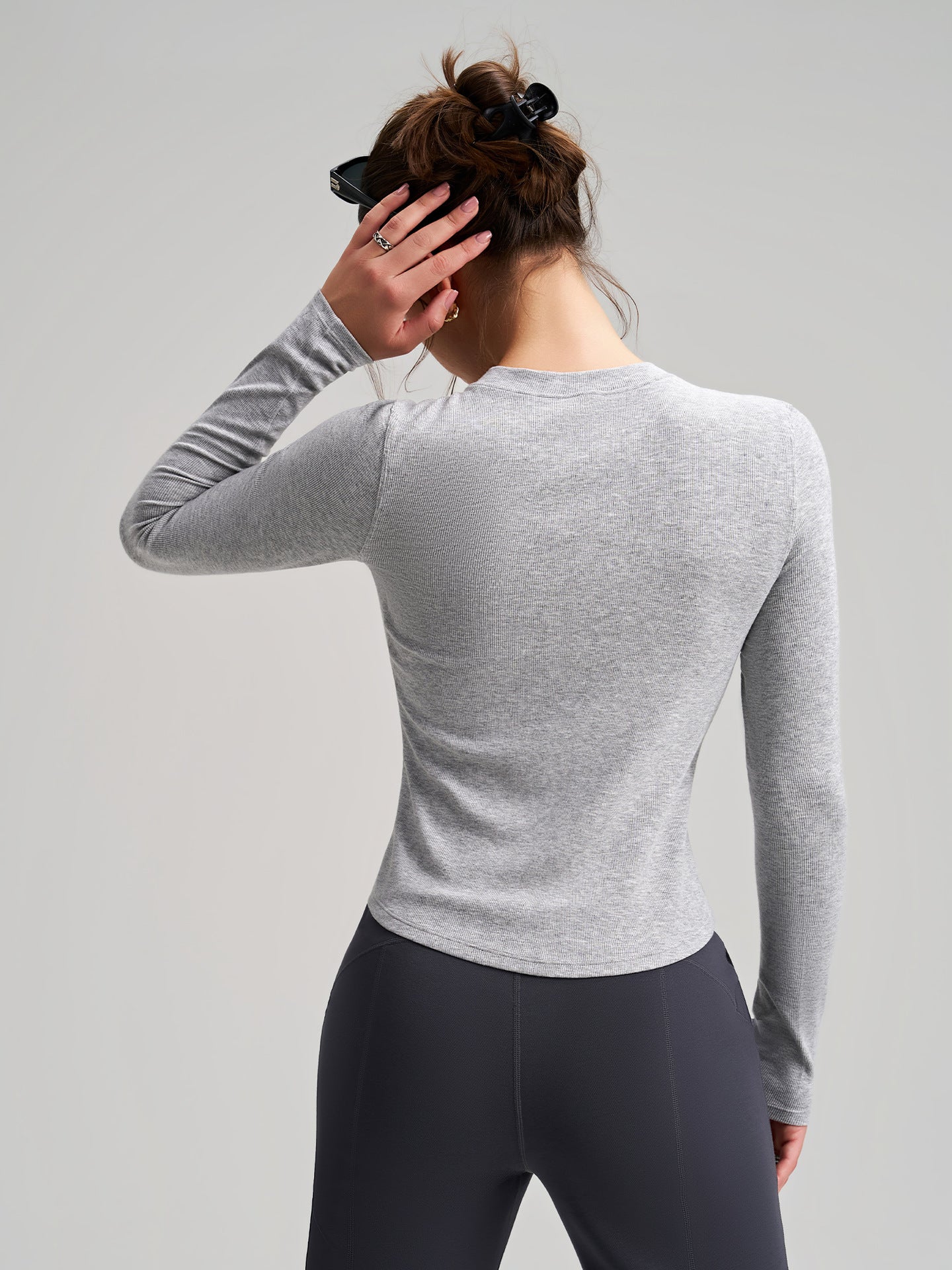 Heather gray langry yoga long-sleeved top with ribbed texture