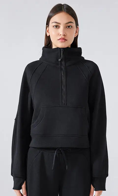 Black half-zip sweatshirt with high stand collar for women