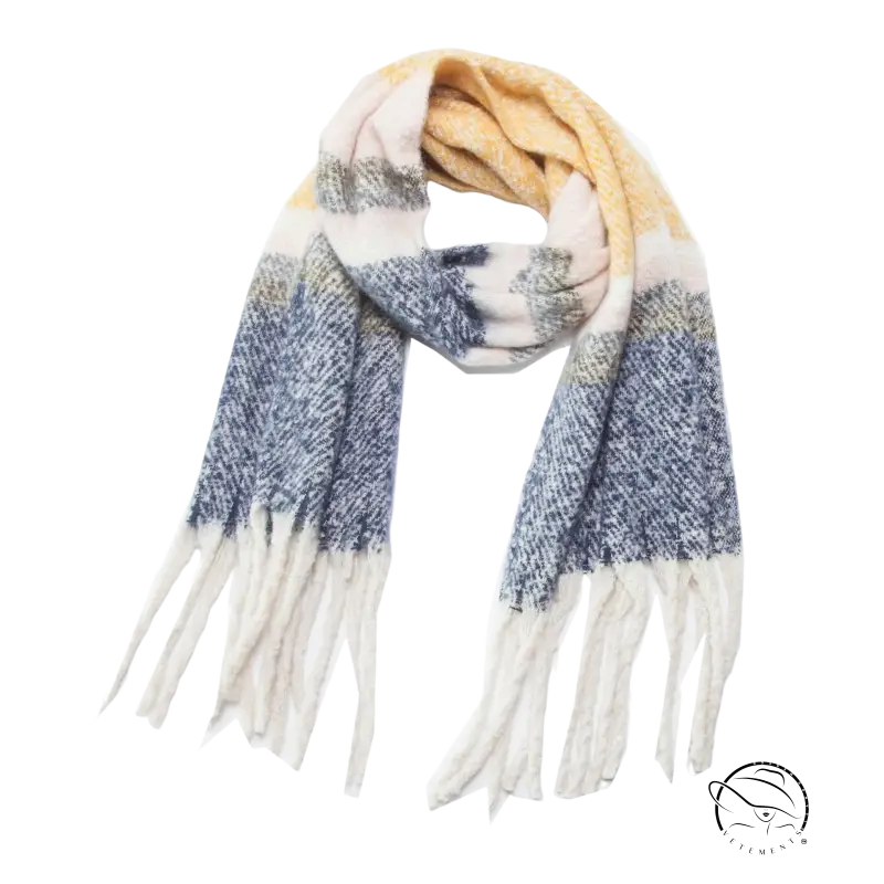 Cozy warm wool scarf in multicolored plaid with cream, blue, and light pink yellow shades
