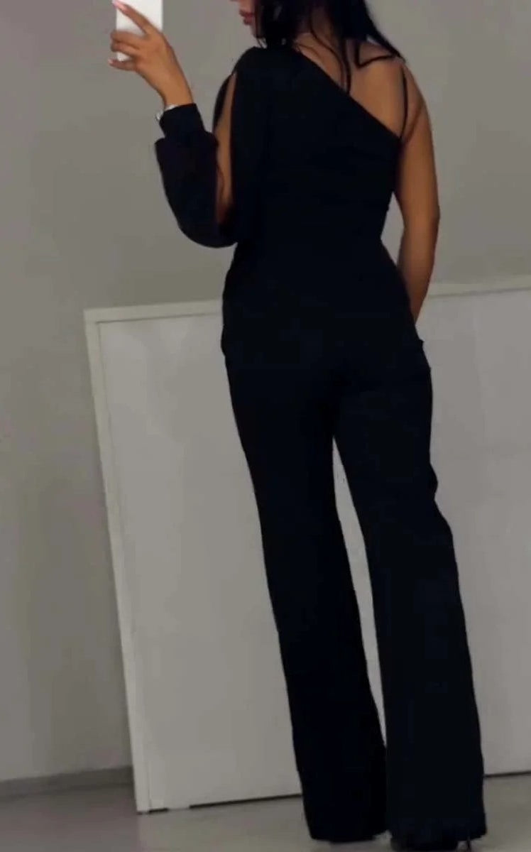 Black one-shoulder jumpsuit from New Fall High Slit Jumpsuit, stylish Langry fashion attire