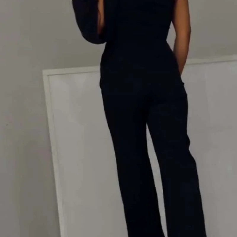 Black one-shoulder jumpsuit from New Fall High Slit Jumpsuit, stylish Langry fashion attire