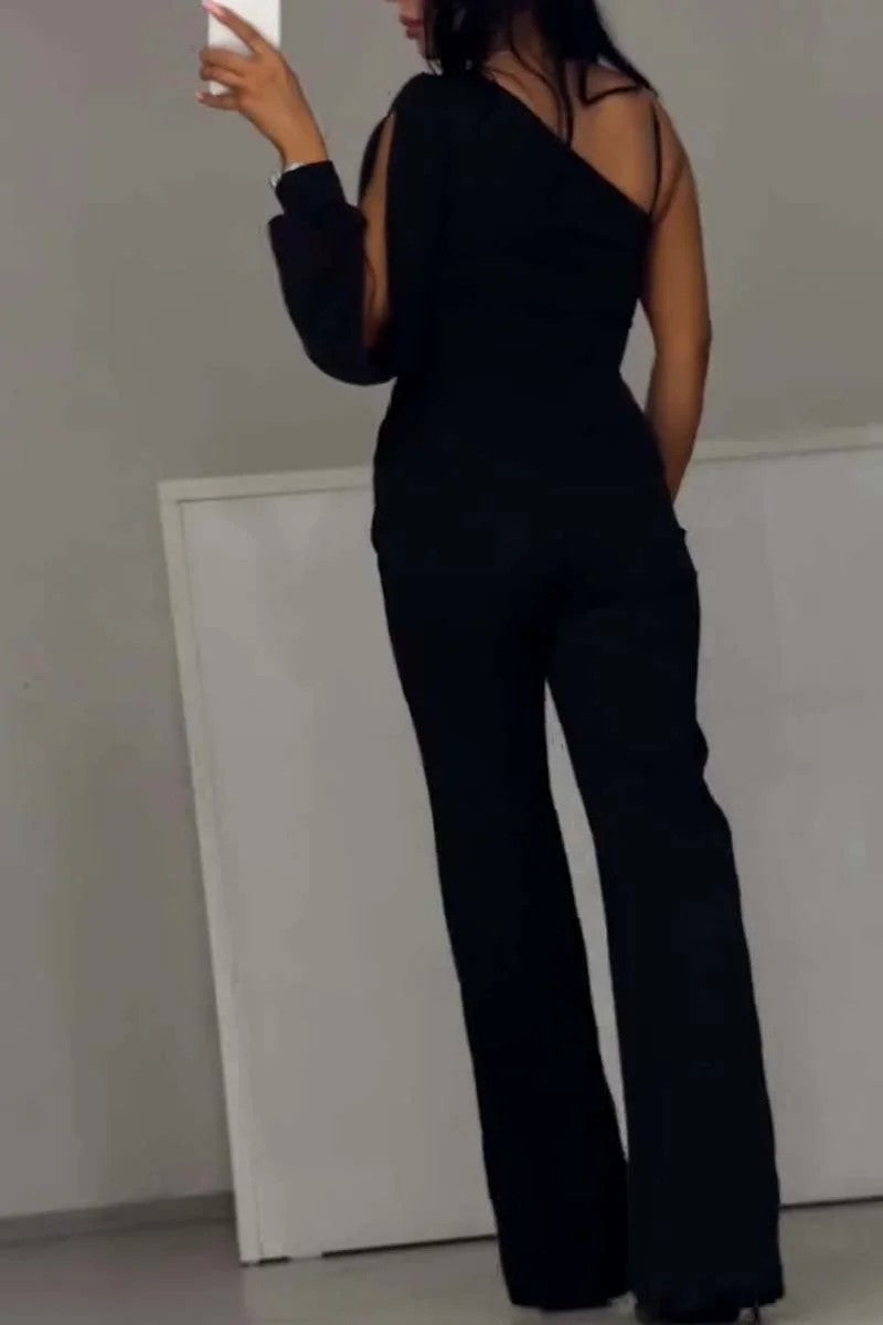 Black one-shoulder jumpsuit from New Fall High Slit Jumpsuit, stylish Langry fashion attire