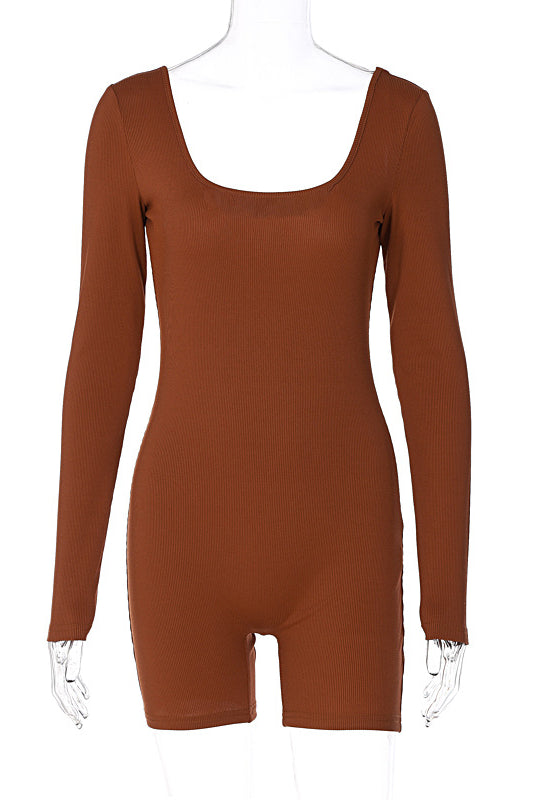 Women Clothing Winter Solid Color Rib u Neck Long Sleeved Slim Fit Hip Raise Sports Jumpsuit