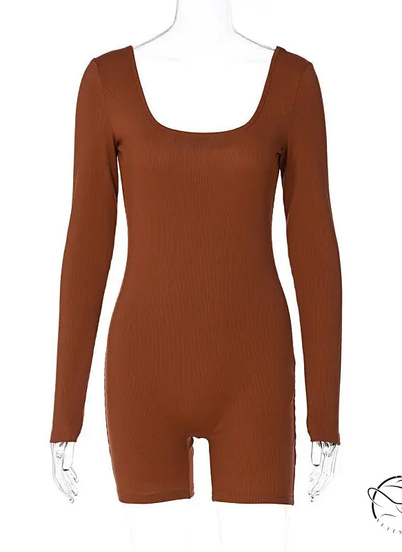 Women Clothing Winter Solid Color Rib u Neck Long Sleeved Slim Fit Hip Raise Sports Jumpsuit