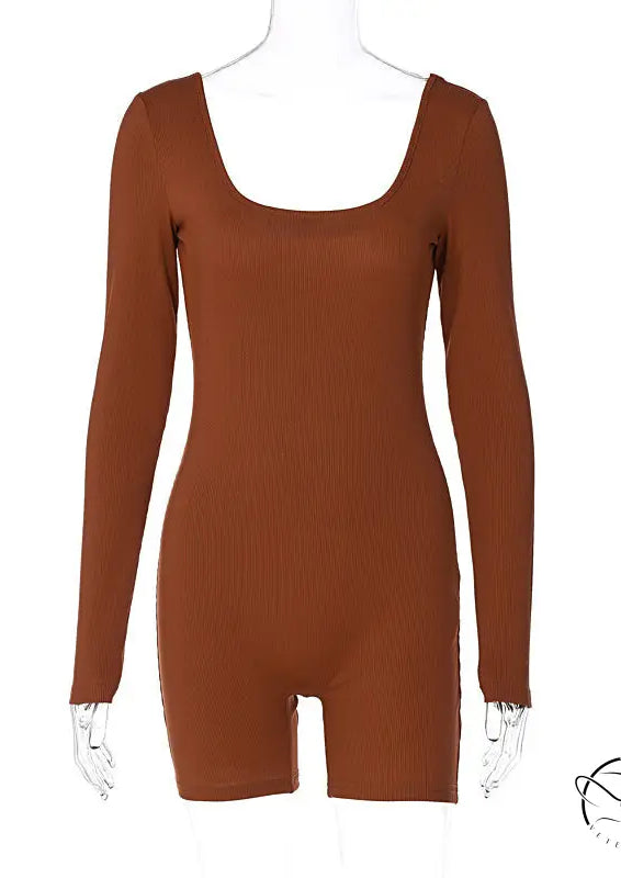 Women Clothing Winter Solid Color Rib u Neck Long Sleeved Slim Fit Hip Raise Sports Jumpsuit