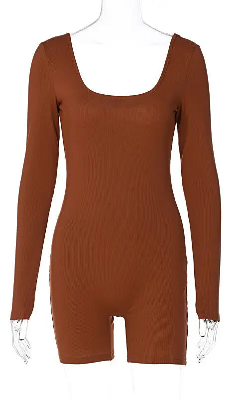 Women Clothing Winter Solid Color Rib u Neck Long Sleeved Slim Fit Hip Raise Sports Jumpsuit