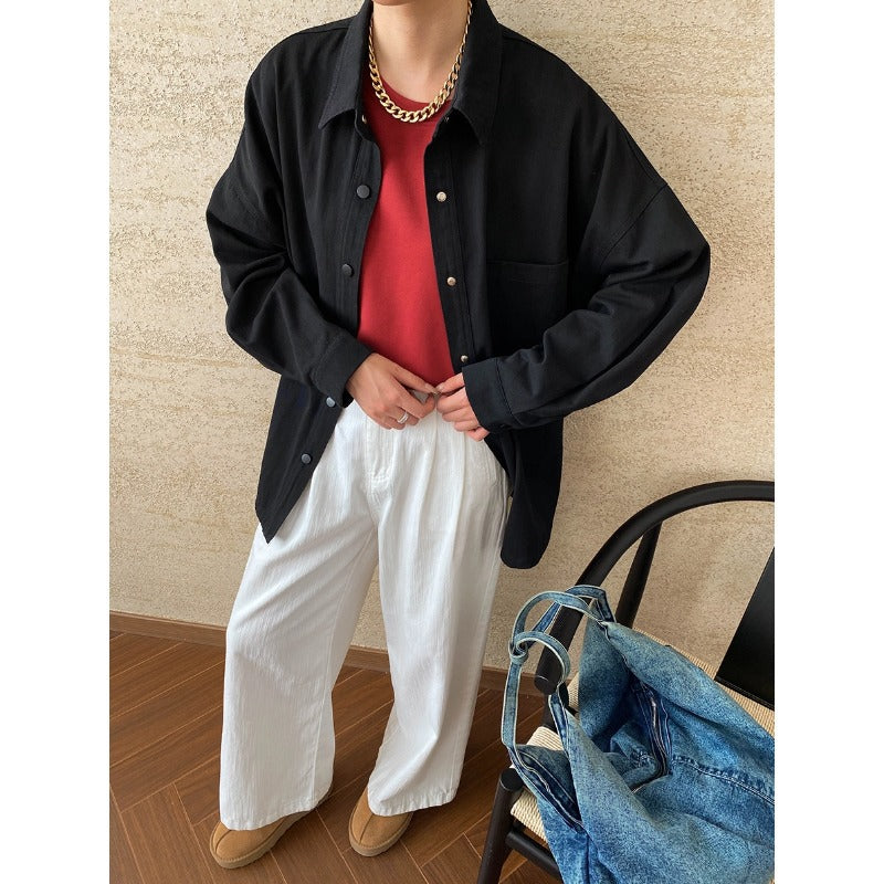 Casual outfit featuring a black shirt and white pants with a stylish Cotton Jacket from Langry