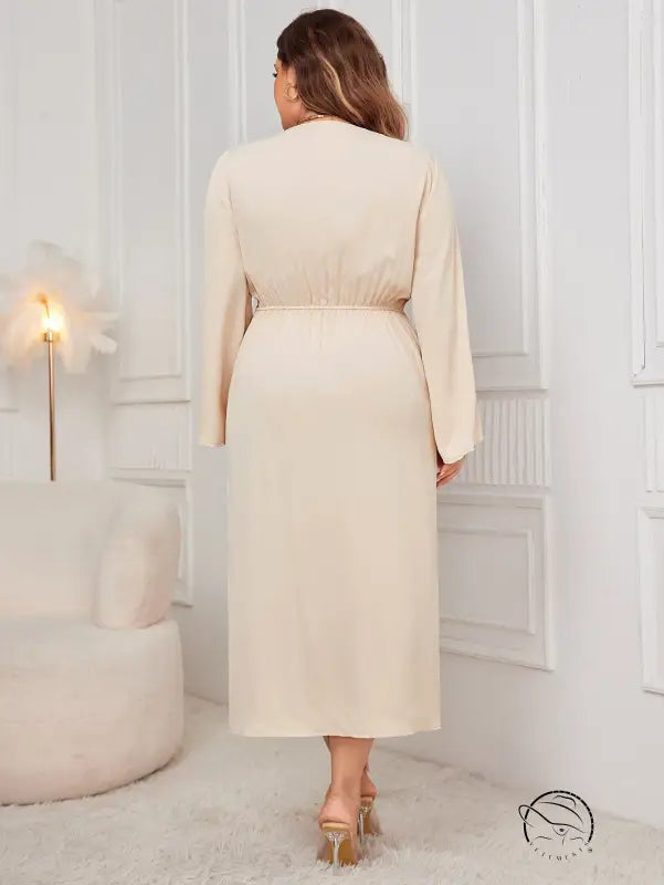 Elegant waist controlled slim cream midi dress with tie-waist
