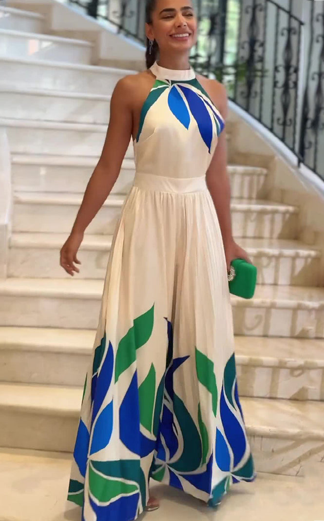 White halter neck maxi dress with summer printed blue and green leaf pattern for women