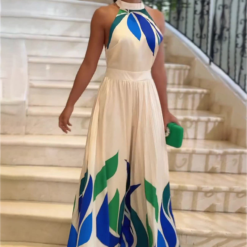 White halter neck maxi dress with summer printed blue and green leaf pattern for women