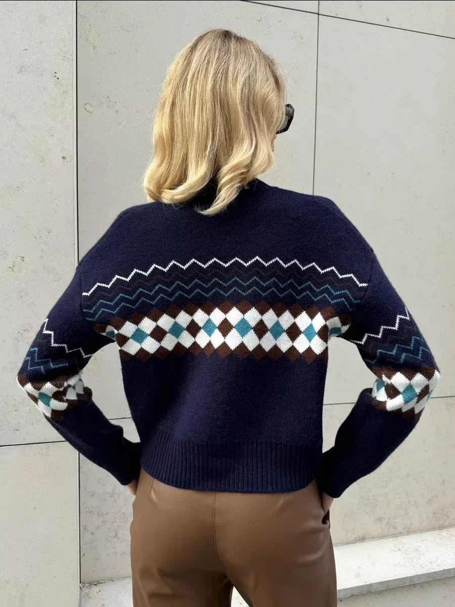 Navy argyle sweater with regular sleeves from Jacquard Knitted Cardigan Sweater collection for fashion enthusiasts