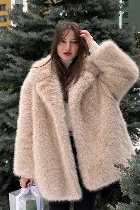 Beige faux fur jacket with high collar and long sleeves