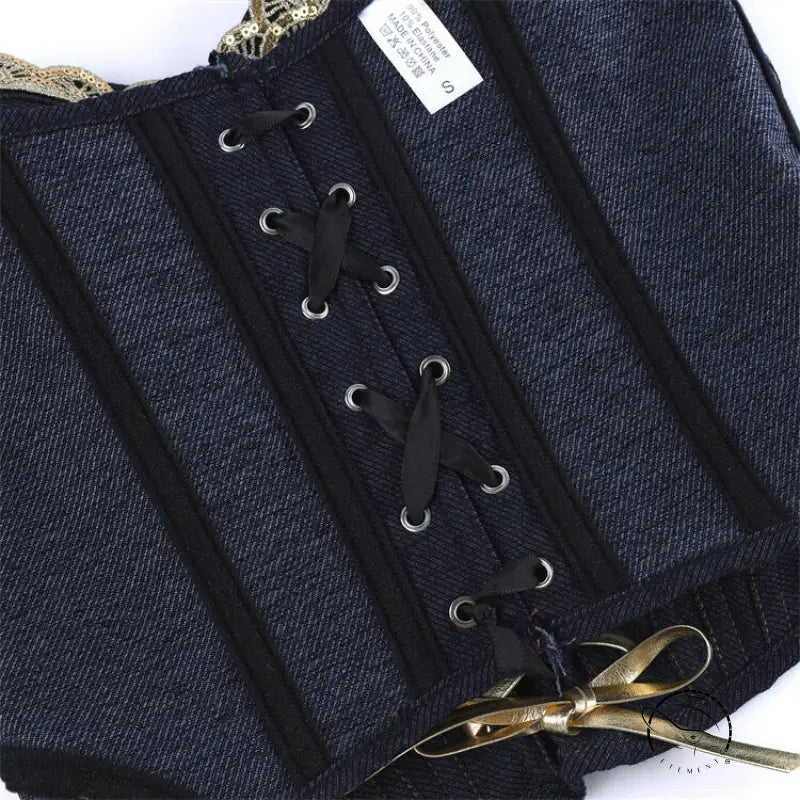 Langry fashion denim corset with black laces, gold accents, and steel ring cup