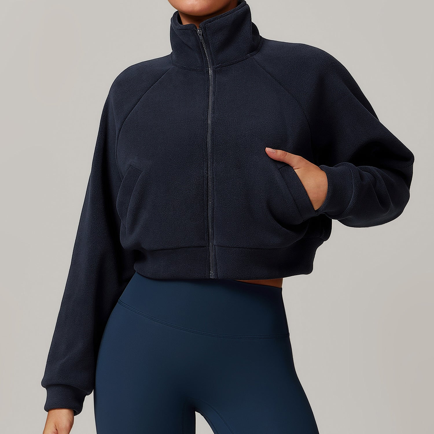 Navy blue cropped zip-up sweatshirt for fitness fashion in langry style with pockets
