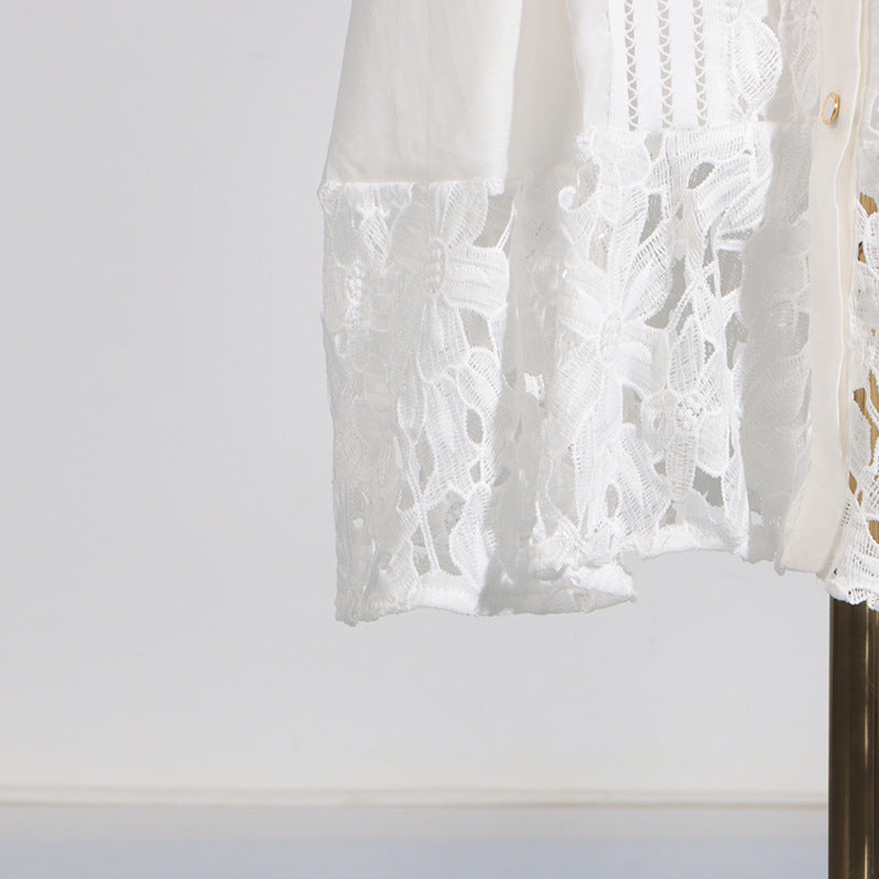 White lace-trimmed blouse showcased in French High Grade maxi dress for summer fashion