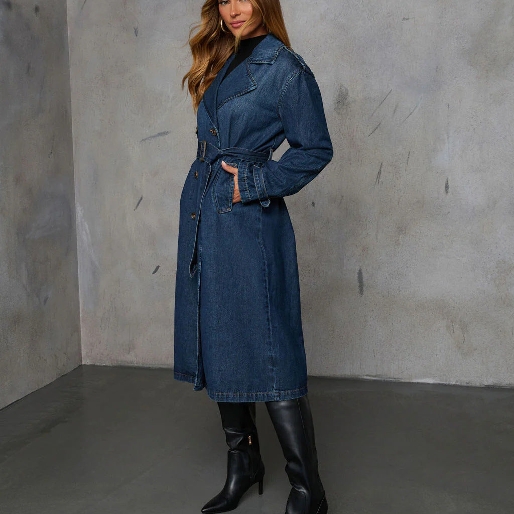 Casual retro denim coat with belt, dark wash trench, and black knee-high boots