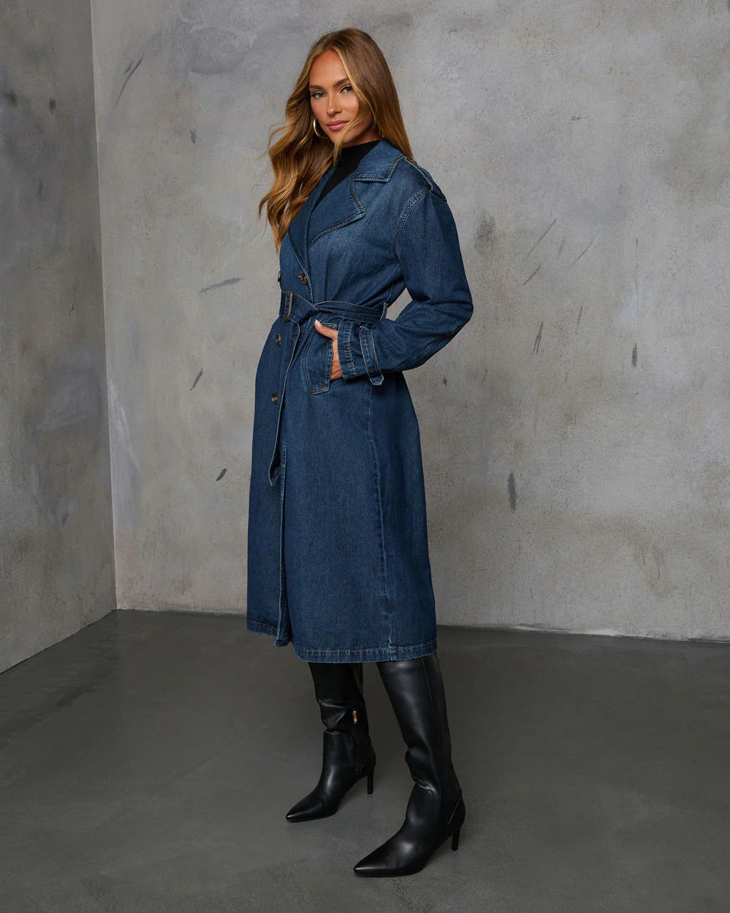 Casual retro denim coat with belt, dark wash trench, and black knee-high boots