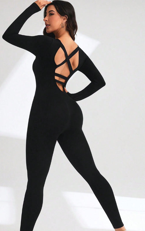 Black langry fashion ملابس: crisscross back yoga bodysuit