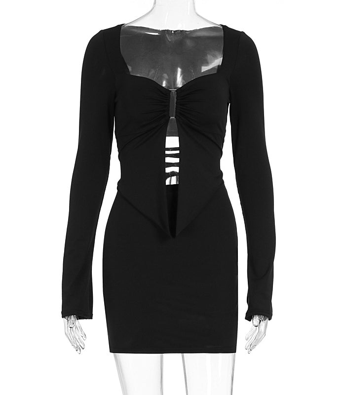 Pure Niche slim fit long-sleeved black mini dress with square neckline and front cutout, langry fashion ملابس
