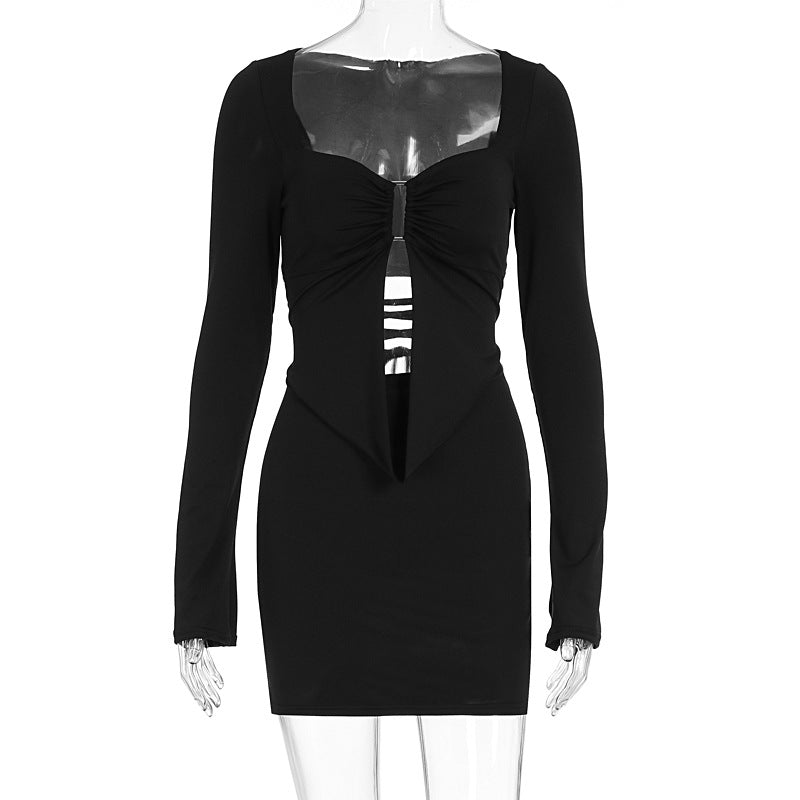 Pure Niche slim fit long-sleeved black mini dress with square neckline and front cutout, langry fashion ملابس