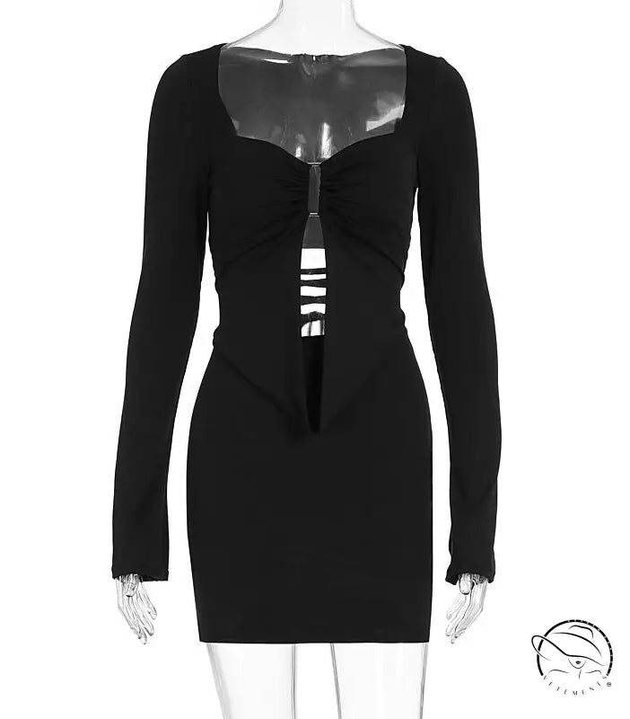 Pure Niche slim fit black long-sleeved mini dress with square neckline and front cutout, langry fashion