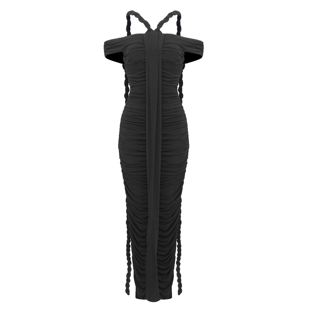 Black off-the-shoulder ruched dress with braided straps, elegant fashion choice for ملابس