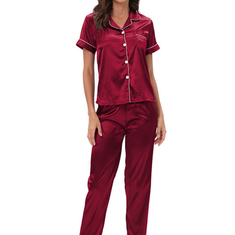 Langry burgundy satin pajama set with piping and button front