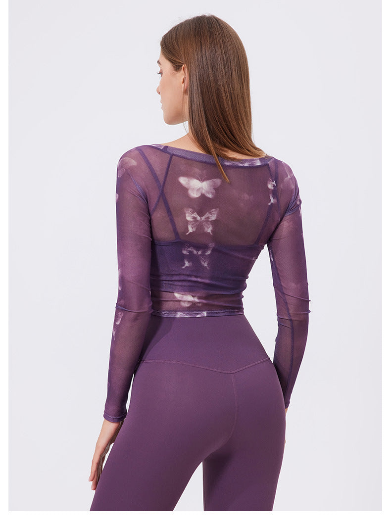 Floral Butterfly Faux Two Piece Sports t Shirt Women Long Sleeve with Chest Pad Yoga Clothes Mesh Top Quick Drying