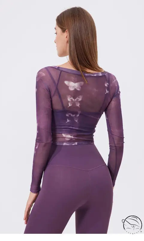 Floral Butterfly Faux Two Piece Sports t Shirt Women Long Sleeve with Chest Pad Yoga Clothes Mesh Top Quick Drying