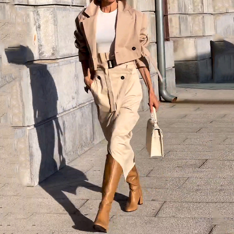 Stylish beige ladies suit autumn fashion with boots, hard casual loose maxi dress two piece set