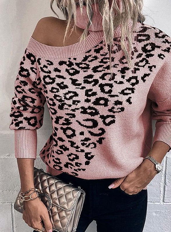 Pink langry leopard print off-shoulder fashion sweater with ribbed trim