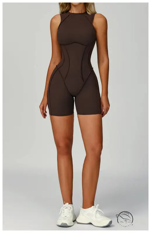 Brown langry yoga jumpsuit in seamless fashion with white sneakers