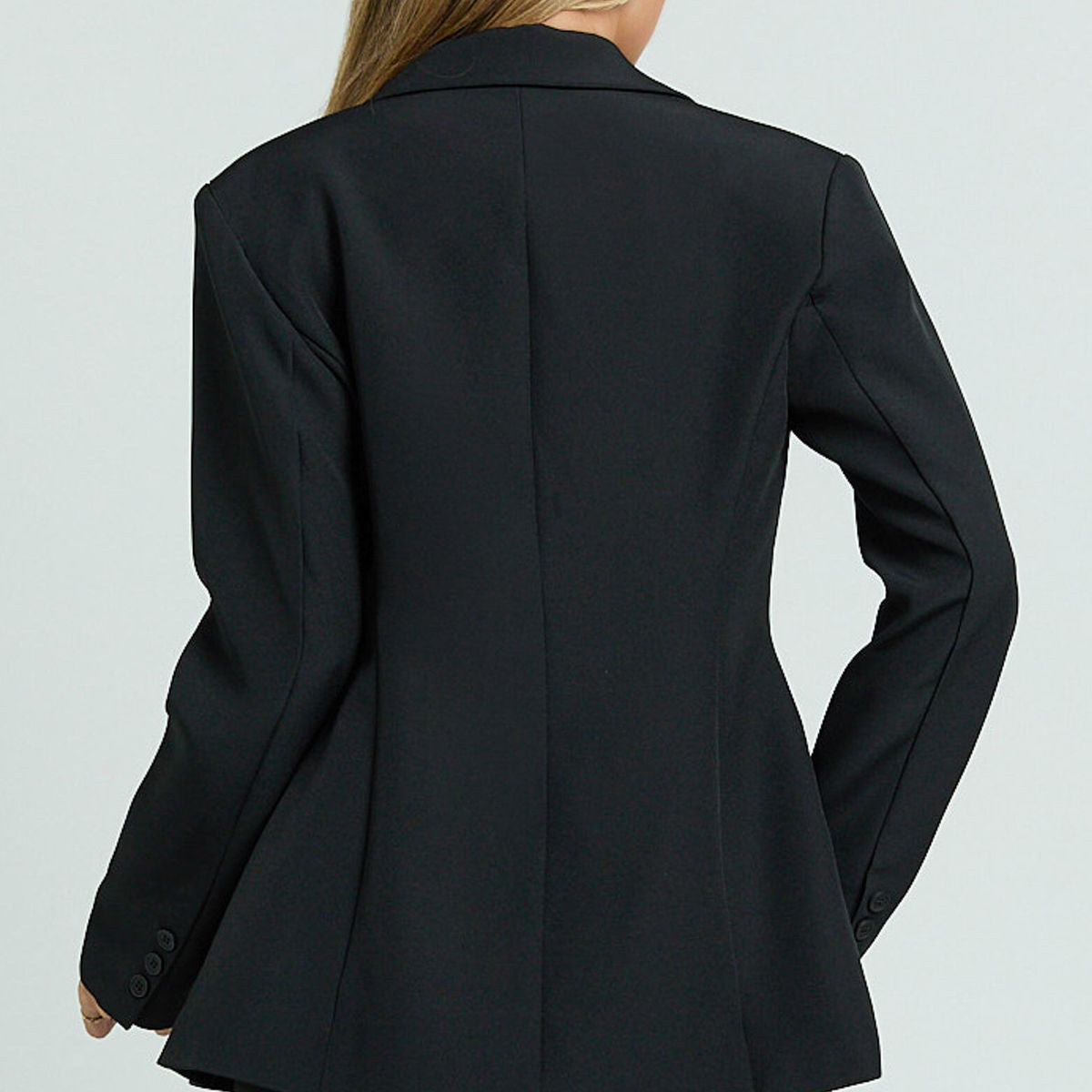 Langry fashion black peplum blazer with double-breasted front and notched lapels in casual slim fit
