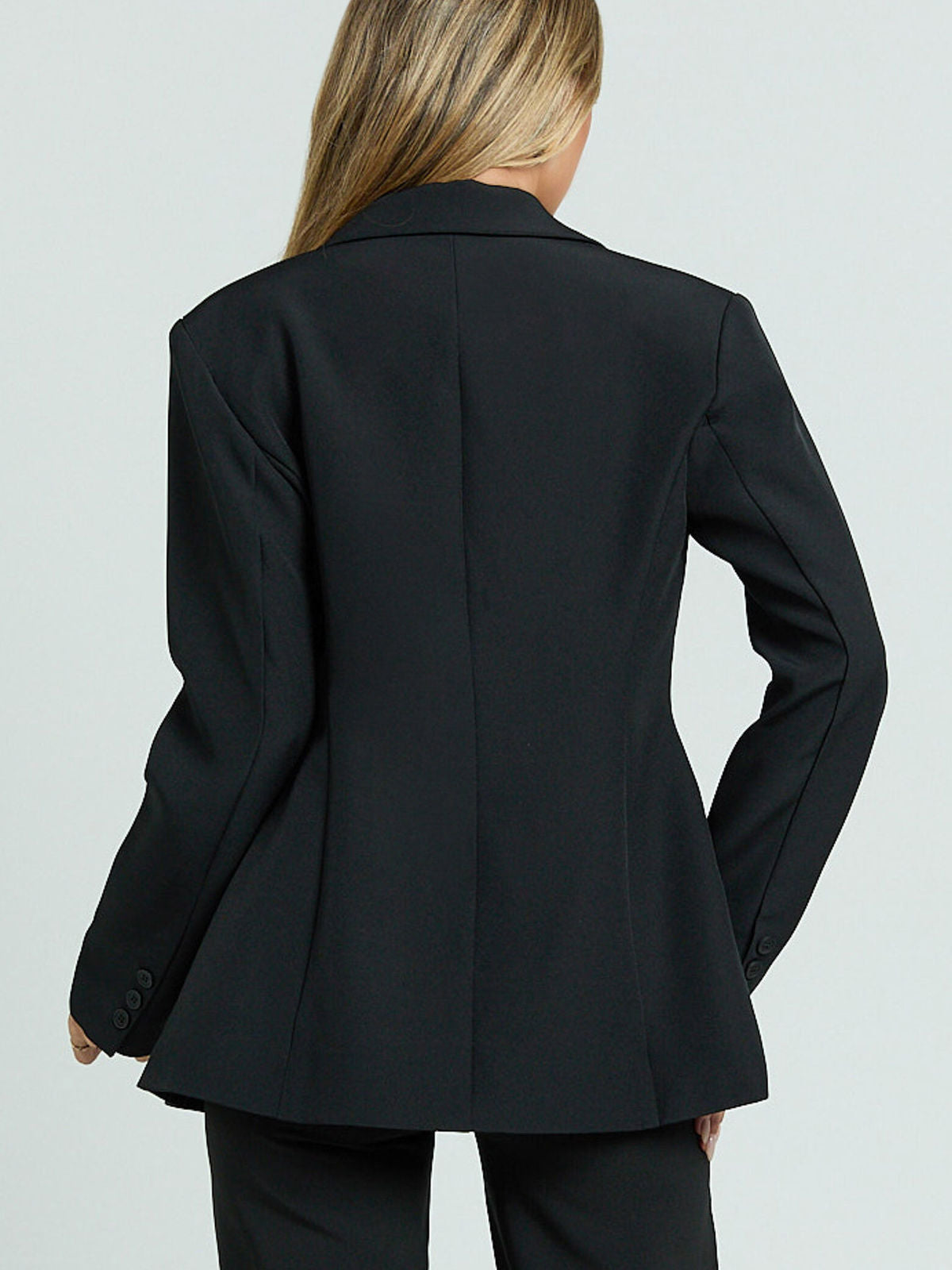 Langry fashion black peplum blazer with double-breasted front and notched lapels in casual slim fit