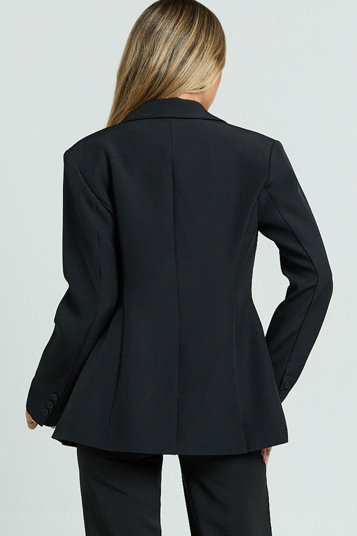 Langry fashion black peplum blazer with double-breasted front and notched lapels in casual slim fit