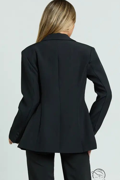 Black slim fit blazer with peplum, double-breasted front, notched lapels