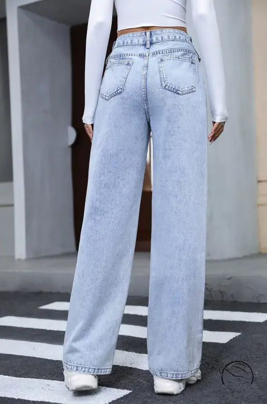 Light blue high-waisted wide-leg Langry denim trousers with distressed wash