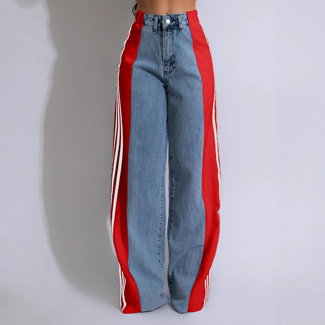Wide-leg Casual Straight Leg Denim Trousers with red and white striped panels for stylish fashion