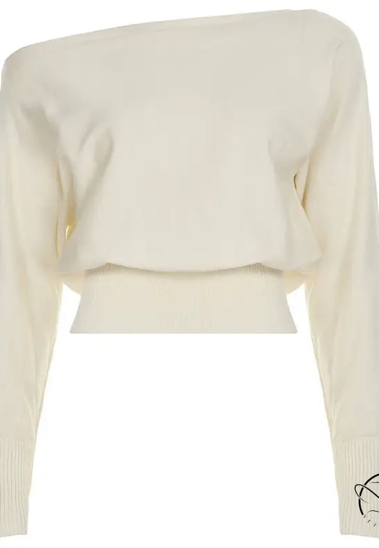 Cream off-shoulder langry fashion sweater in loose drawstring top