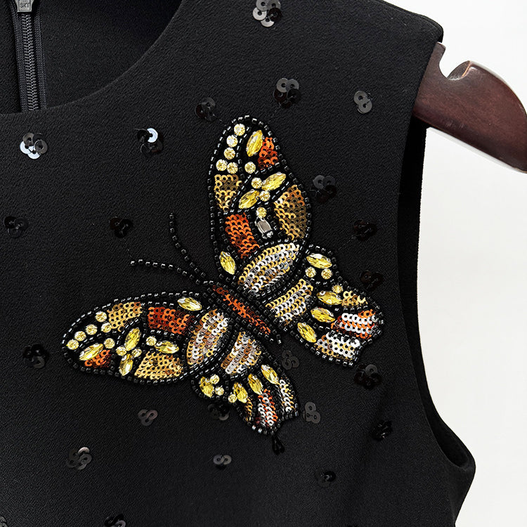 Elegant Diamond Butterfly Slim Vest Dress featuring a black dress with sequined butterfly