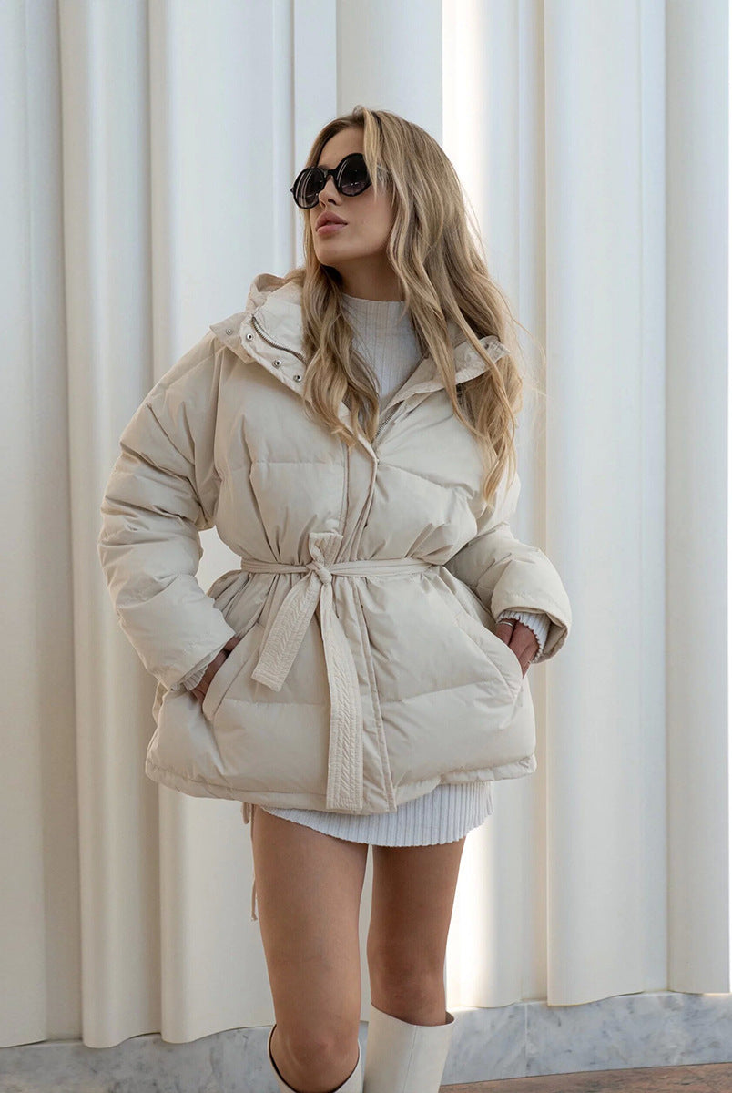 Cream-colored belted puffer jacket from Hooded Thickened Thermal Zipper Bread Coat, ideal for langry fashion and ملابس