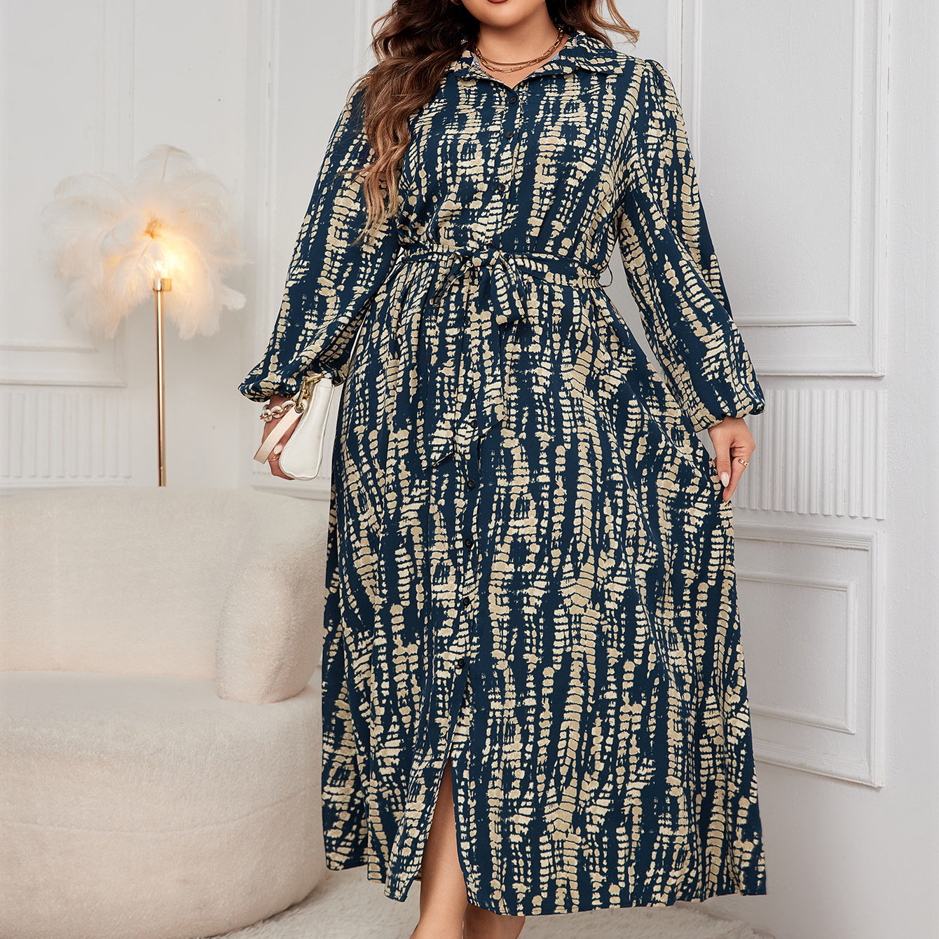 Woman in tie-dye print long sleeve polo collar fashion maxi dress