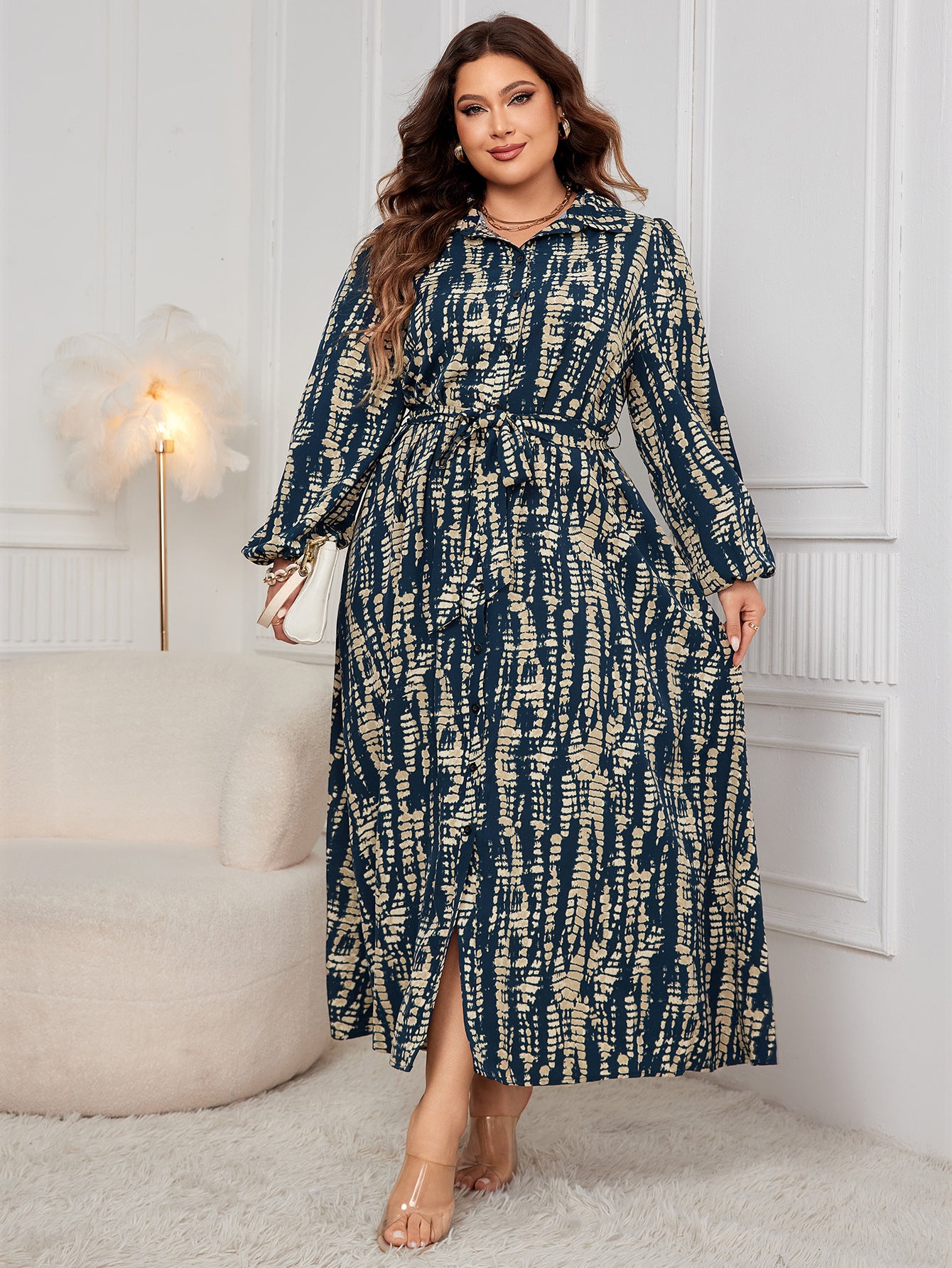 Woman in tie-dye print long sleeve polo collar fashion maxi dress