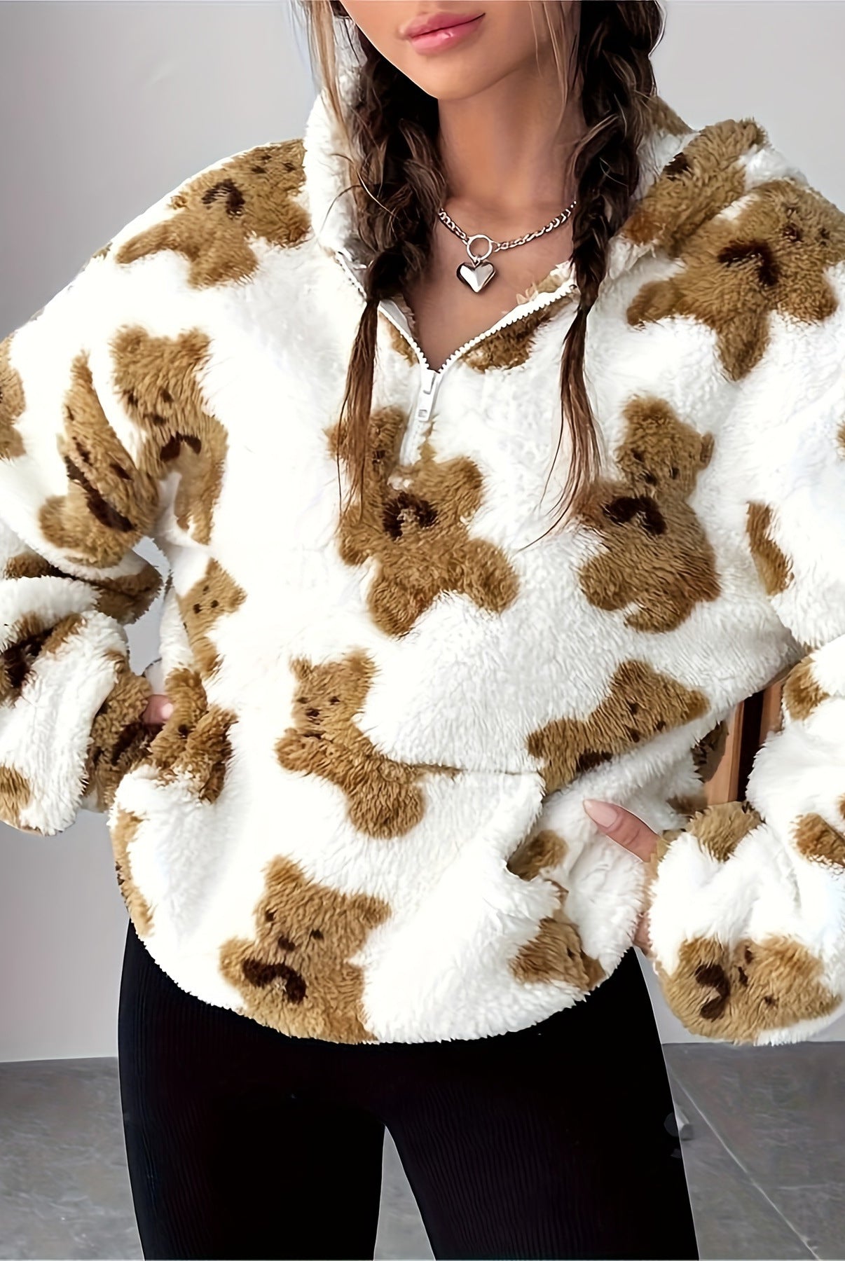 Fluffy white pullover sweater with teddy bear print for casual fashion ملابس langry