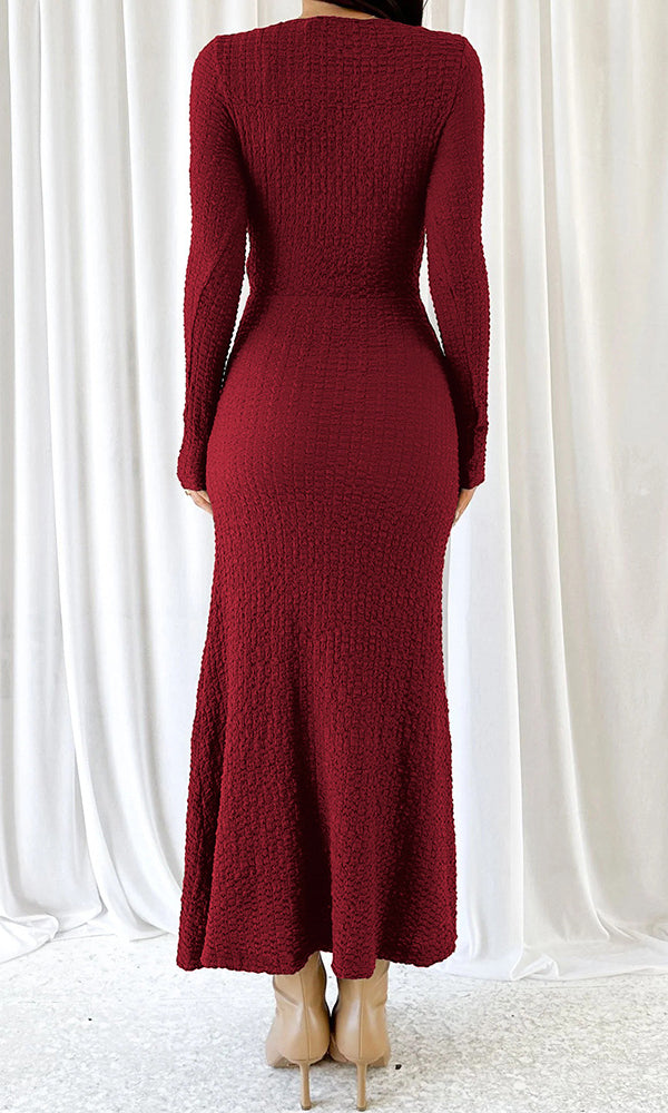 Burgundy textured long-sleeved Beautiful Knitted Dress for fashionable ملابس