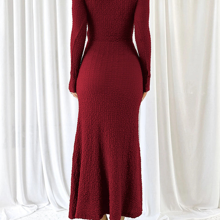 Burgundy textured long-sleeved Beautiful Knitted Dress for fashionable ملابس